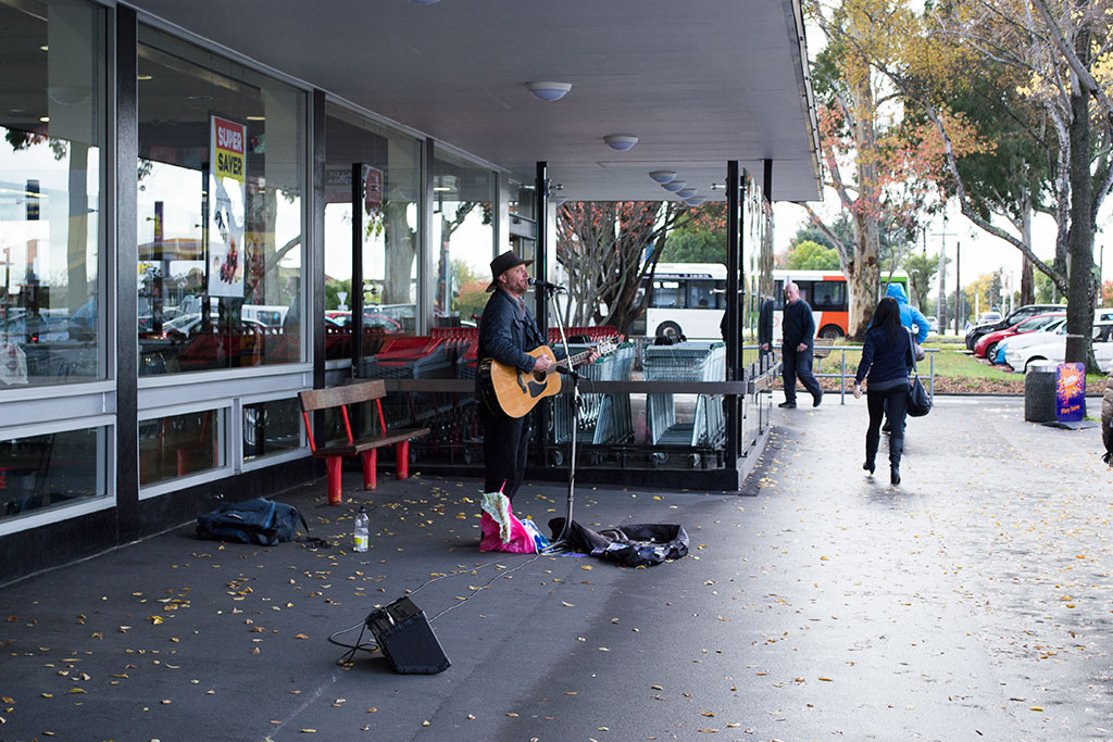 Image of Busker outside the New World supermarket, Bishopdale Village Mall Thursday, 18 May 2017