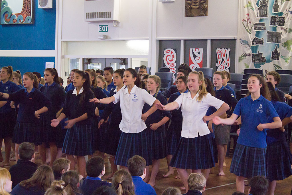 Image of Breens Intermediate Kapa Haka group performing to other students Friday, 30 June 2017