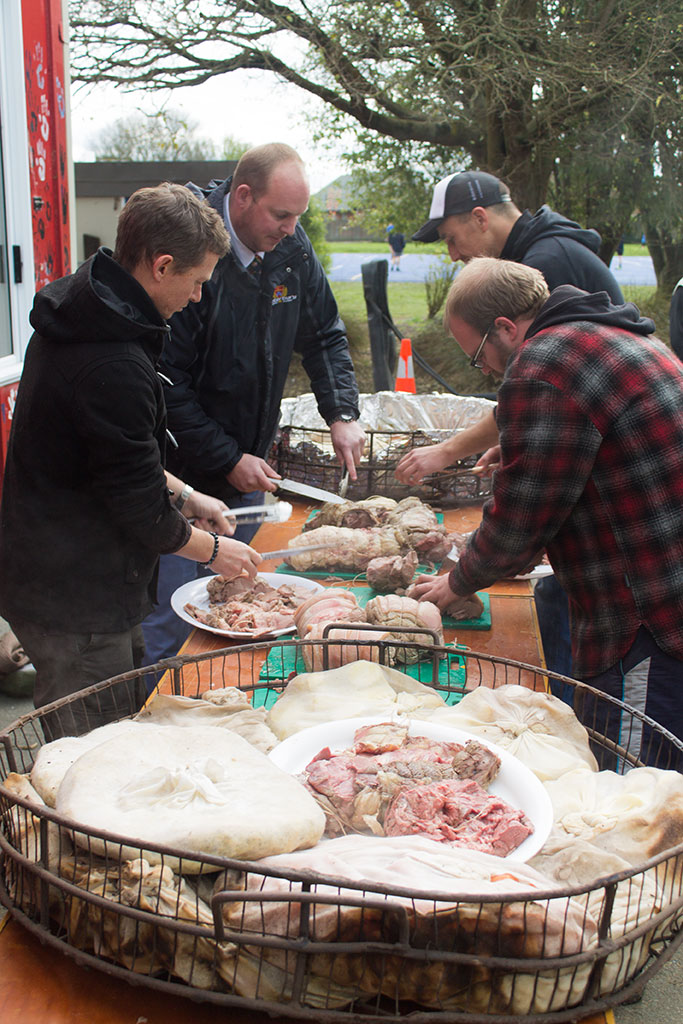 Image of Breens Intermediate Staff cut meat cooked in a hāngī Friday, 30 June 2017