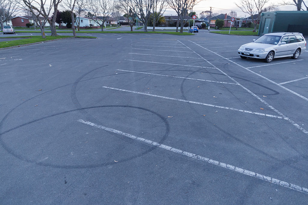 Image of Skid marks in the carpark of the Bishopdale Library and Mall Wednesday, 16 August 2017