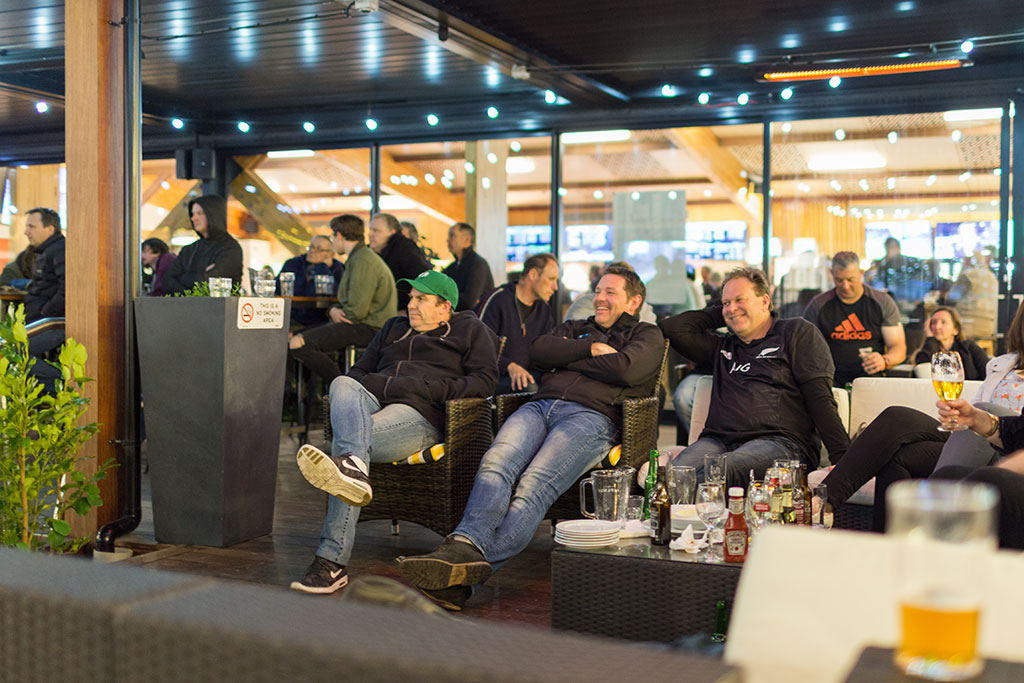 Image of Watching television outdoors, All Black game, Papanui Club Saturday, 26 August 2017