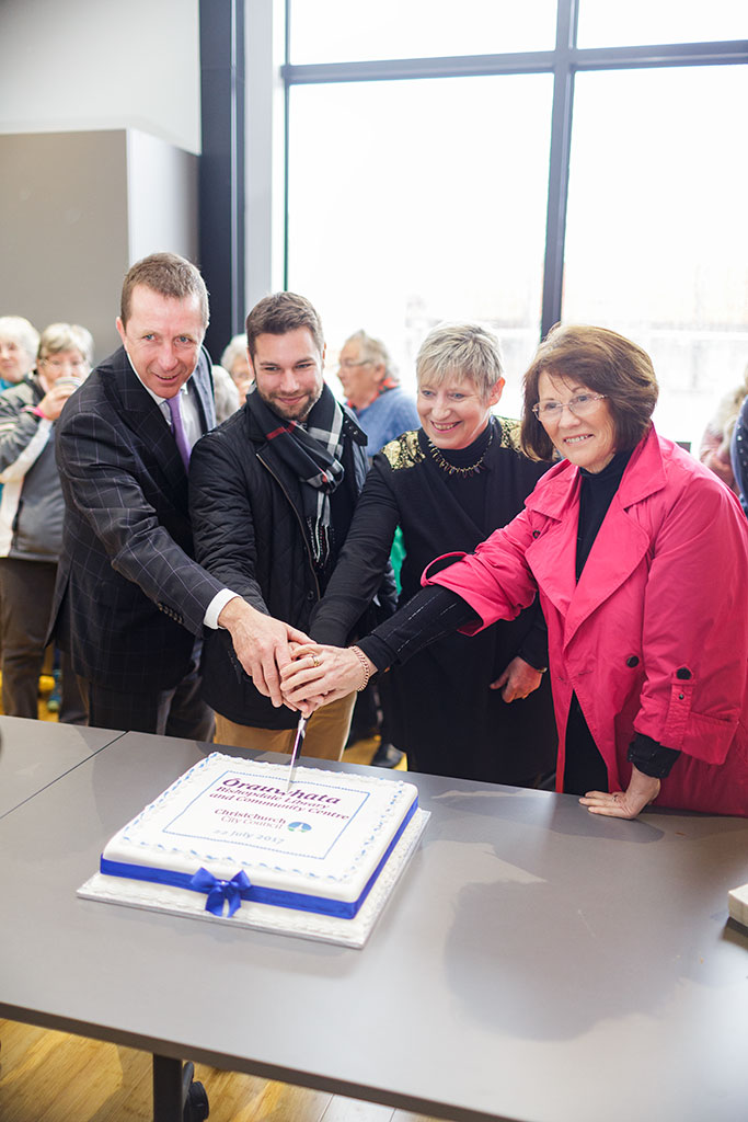 Image of Mayor of Christchurch, Lianne Dalziel, Jamie Gough and others cut the cake at the opening of the new Library Saturday, 22 July 2017