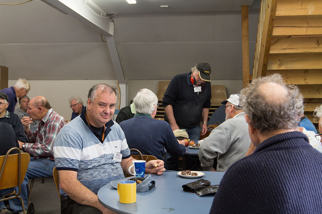 Image of Richard, a member of the MeNZ Shed, enjoying afternoon tea Wednesday, 3 May 2017