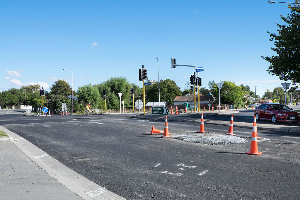 Image of Cones cover recent road works at the intersection of Sparks Road and Halswell Road. 30-03-15 11.15 a.m.