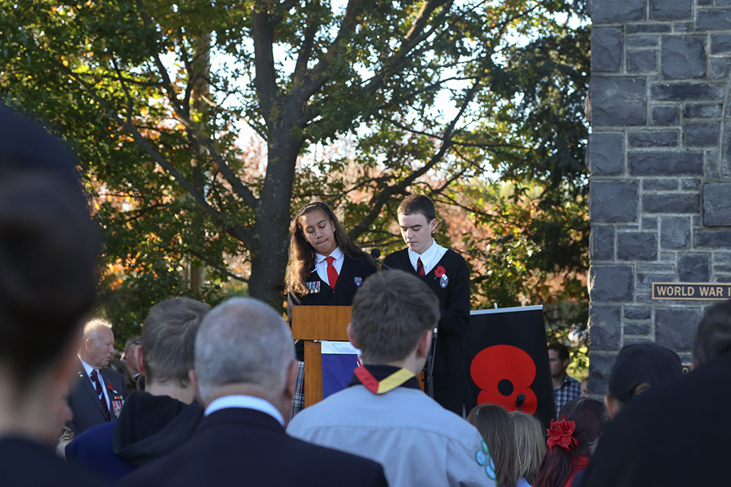 Image of Students speaking at the Halswell ANZAC Day memorial service. 25/04/2015 9:35