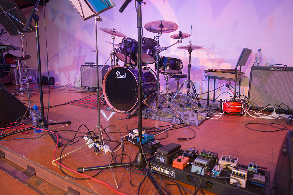 Image of Band instruments laid out before a show at the Halswell Winter Dance. 8/08/2015 19:13