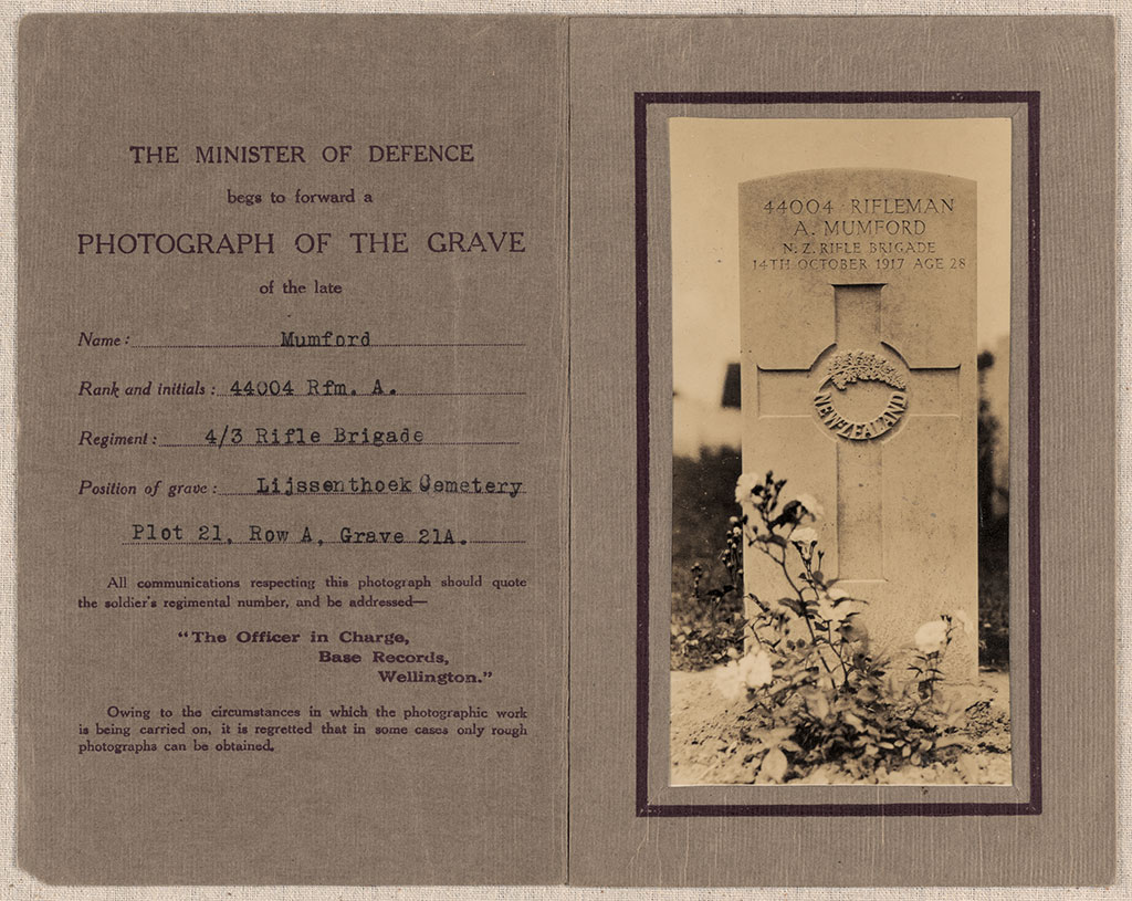 Image of Memorial Card with photograph of the grave of Alfred Mumford ca. 1922