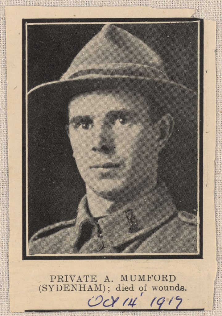 Image of Newspaper clipping showing Private A. Mumford (Sydenham); died of wounds [ca. 1917]