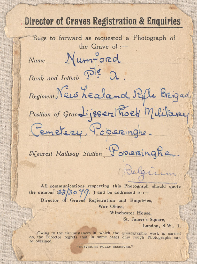 Image of Registration card of Pte. Alfred Mumford's grave No date