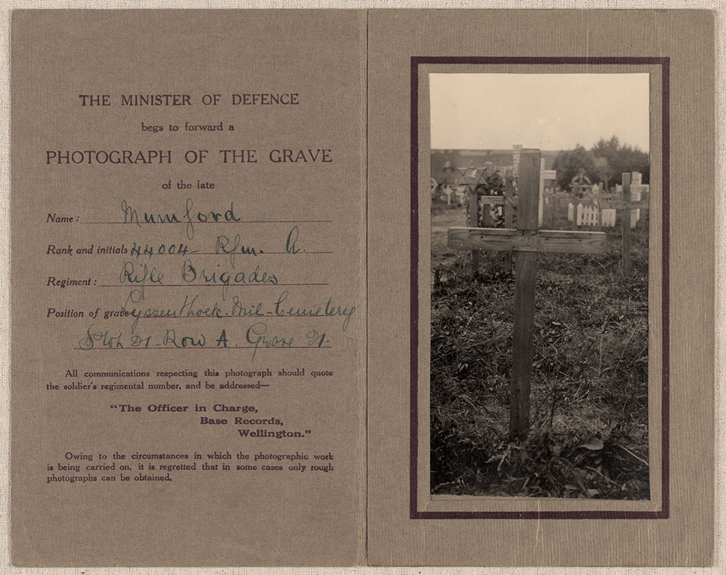 Image of Memorial Card with photograph of the grave of Alfred Mumford ca. 1922