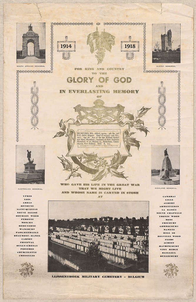 Image of Certificate. For King and country to the glory of God and in everlasting memory of Mumford Rfn. ca. 1922