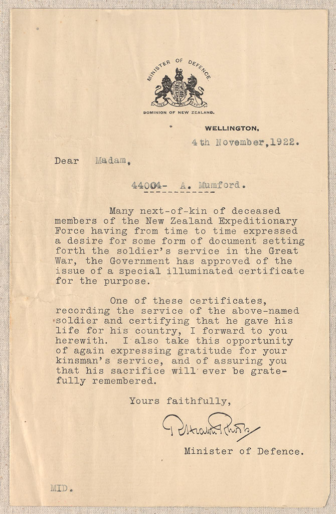 Image of Letter from Minister of Defence accompanying illustrated war service certificate 4th November, 1922