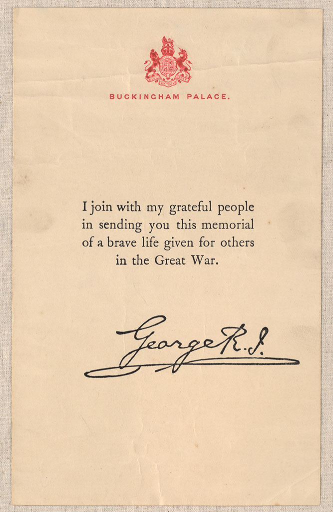 Image of King's Message. Issued with memorial plaque [Dead Man's penny] ca. 1922