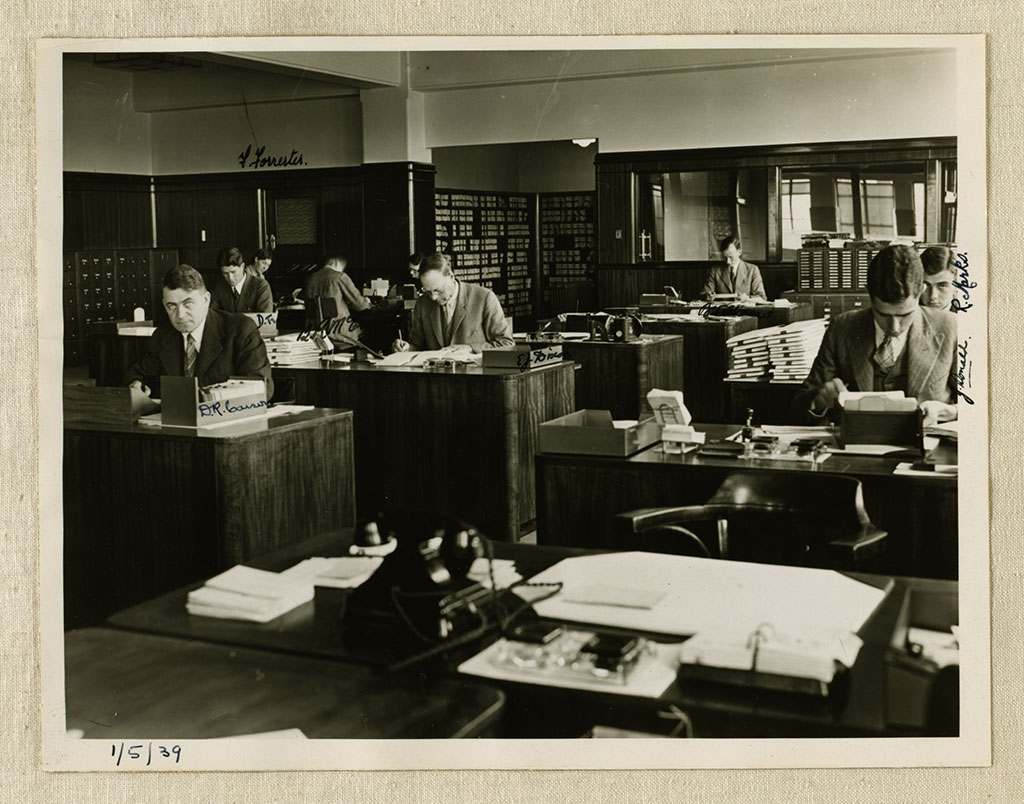 Image of Men at work Office interior, M.E.D building,  May 1939 May 1939