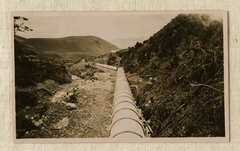 Image of Acheron Diversion, Lake Coleridge View along pipe line from intake, 1931 Friday, 16th Jan, 1931