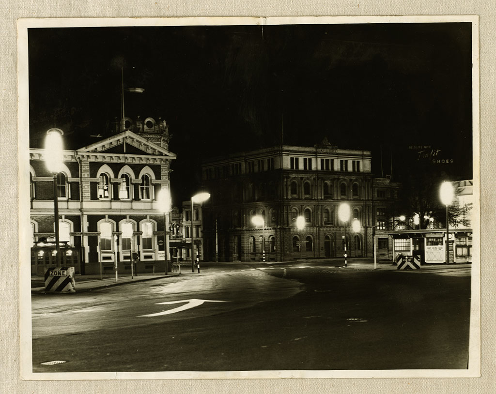 Image of The first fluorescent street lamps, Cathedral Square, 1958 August, 1958