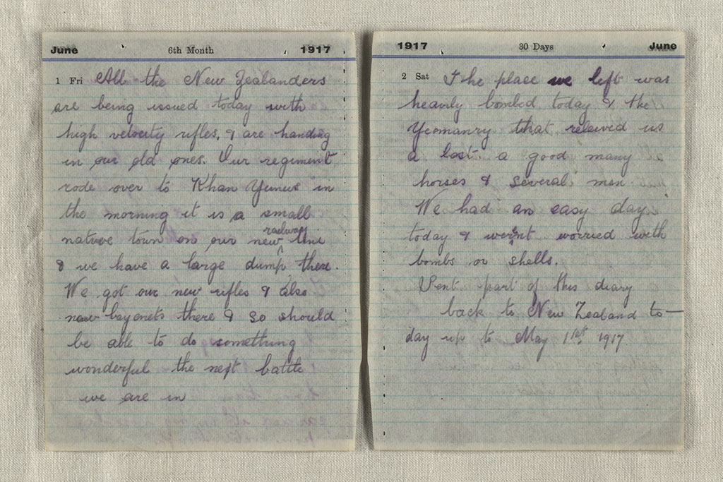  Collection Description World War I diary kept by Edward Herbert Aubrey (1891-1963) from May 1917 to November 1917, with brief notes from 1918 and 1919. Some pages were removed and sent to relatives. Parent Collection Description Edward Aubrey served from 10 February 1916 to 19 February 1919. He embarked on the Waihora in December 1916 with the New Zealand Expeditionary Force, 19th Reinforcements, New Zealand Mounted Rifles Brigade. Aubrey served in Egypt; and after being wounded on 5 November 1917 part of his left leg was amputated. Edward Aubrey spent his remaining service in medical care in Egypt and then Britain. On his return to New Zealand he returned to farming in the Omarama area on land won in a ballot as part of a Returned Soldiers' initiative. Collection Location Private collection File Reference CCL-Aubrey-1917-031