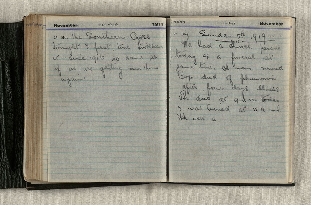  Collection Description World War I diary kept by Edward Herbert Aubrey (1891-1963) from May 1917 to November 1917, with brief notes from 1918 and 1919. Some pages were removed and sent to relatives. Parent Collection Description Edward Aubrey served from 10 February 1916 to 19 February 1919. He embarked on the Waihora in December 1916 with the New Zealand Expeditionary Force, 19th Reinforcements, New Zealand Mounted Rifles Brigade. Aubrey served in Egypt; and after being wounded on 5 November 1917 part of his left leg was amputated. Edward Aubrey spent his remaining service in medical care in Egypt and then Britain. On his return to New Zealand he returned to farming in the Omarama area on land won in a ballot as part of a Returned Soldiers' initiative. Collection Location Private collection File Reference CCL-Aubrey-1917-121