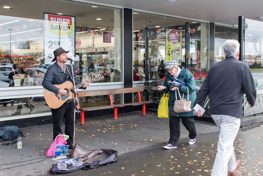 Image of Mike busking outside the New World. Thursday, 18 May 2017