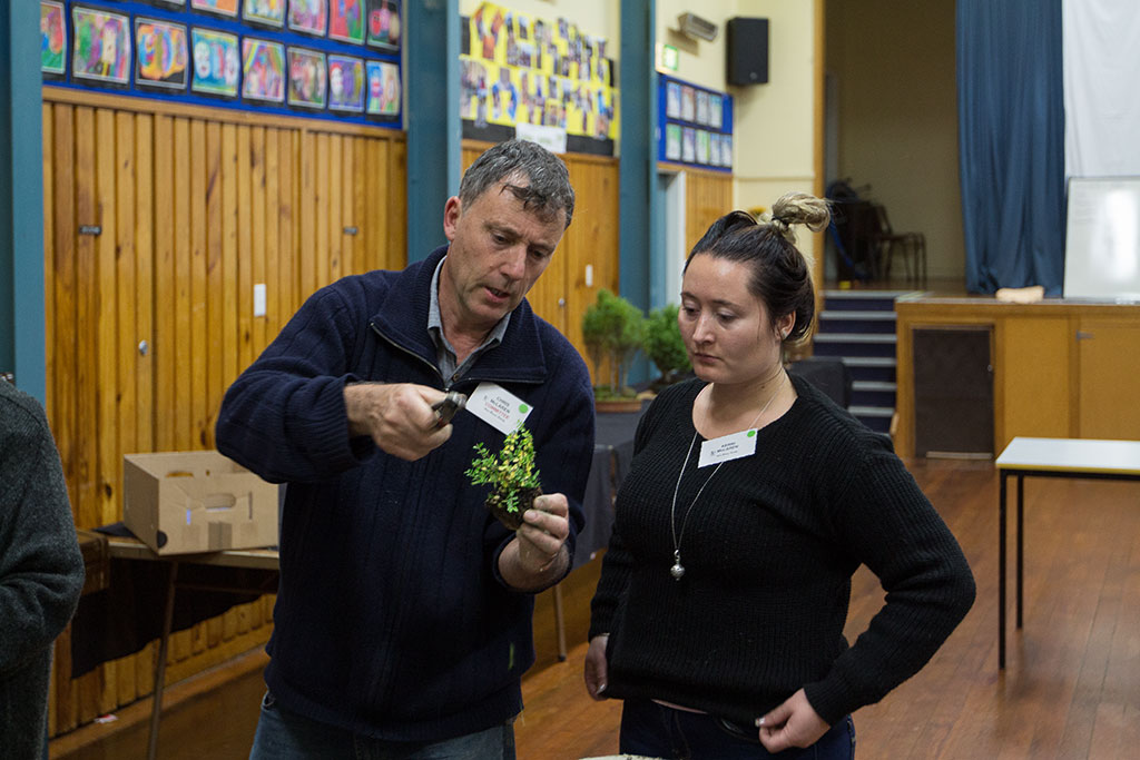 Image of Chris showing daughter Kerri how to cut a bonsai Wednesday, 3 May 2017