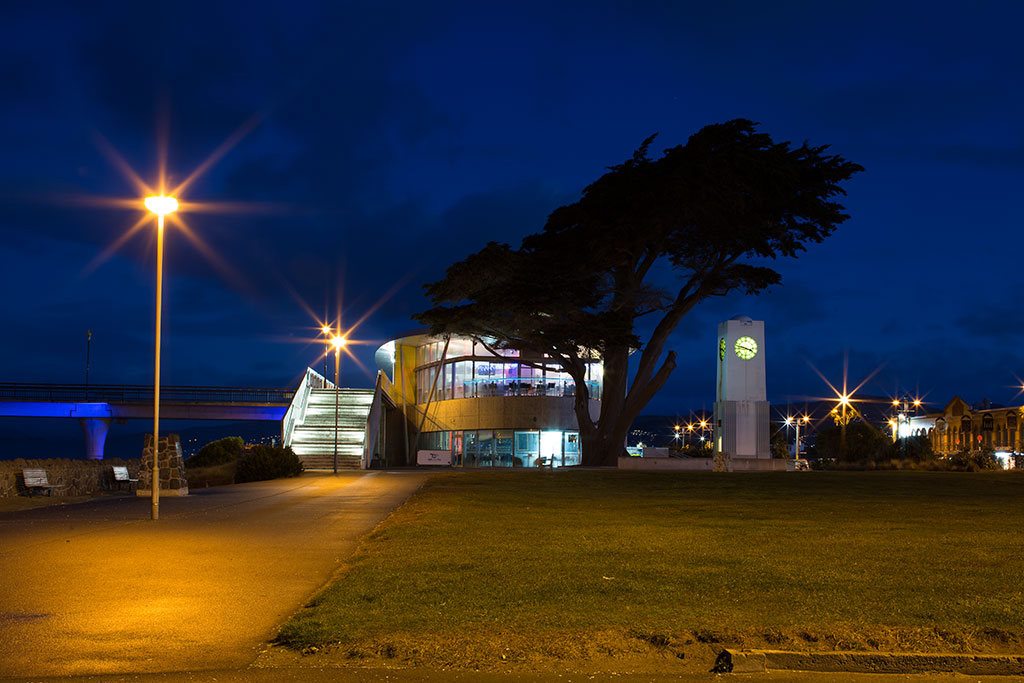Image of New Brighton Pier, library, and clock tower at night. 06-08-2016 7:11 p.m.