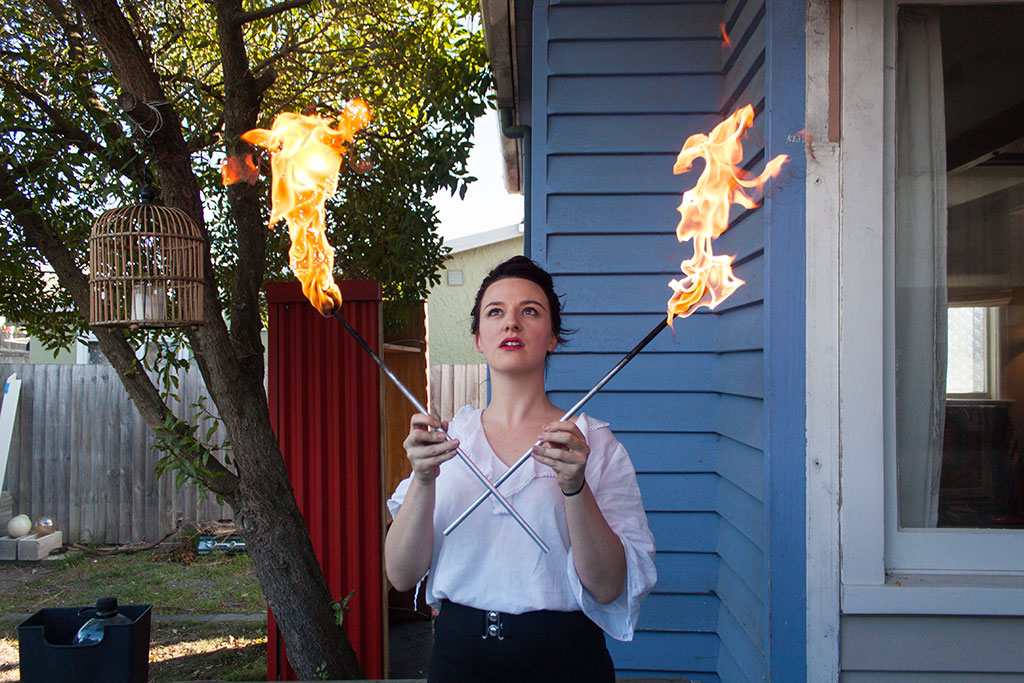 Image of Lizzie practises for her new show, Fleming Street, North New Brighton. Friday, 6 May 2016