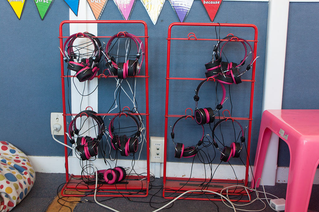 Image of Headphones ready for individual learning, South New Brighton School. Thursday, 28 July 2016