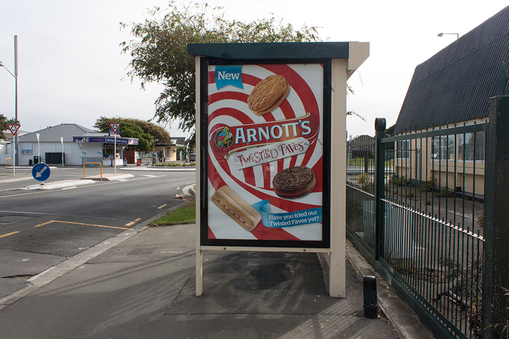 Image of Bus stop, Arnotts advertisement, Estuary Road, South New Brighton. Friday, 6 May 2016