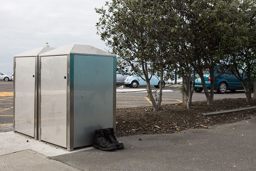 Image of Boots by rubbish bins, north ramp car park, Marine Parade, New Brighton Thursday, 17 March 2016