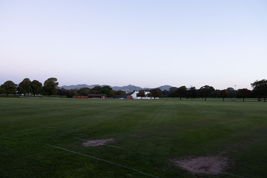 Image of Sunset over Hagley Park Oval with the Port Hills in the distance, Hagley Park. Tuesday, 20 March 2018