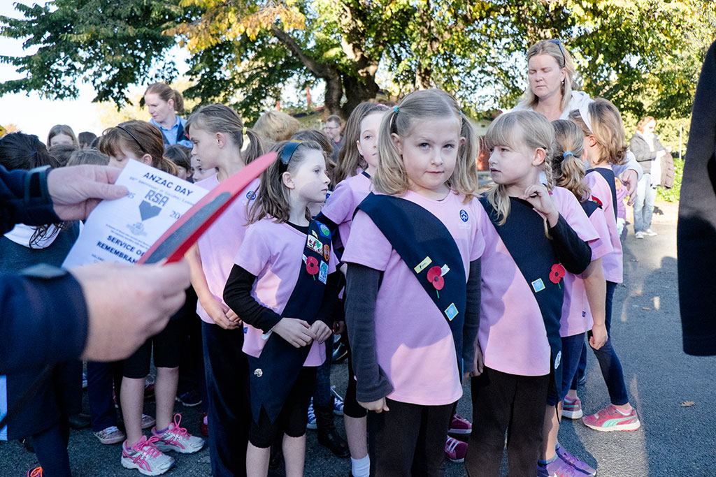Image of Girl guides and Brownies assemble for the Anzac Day parade, 301 Halswell Road. 25-04-2015 8.45 a.m.