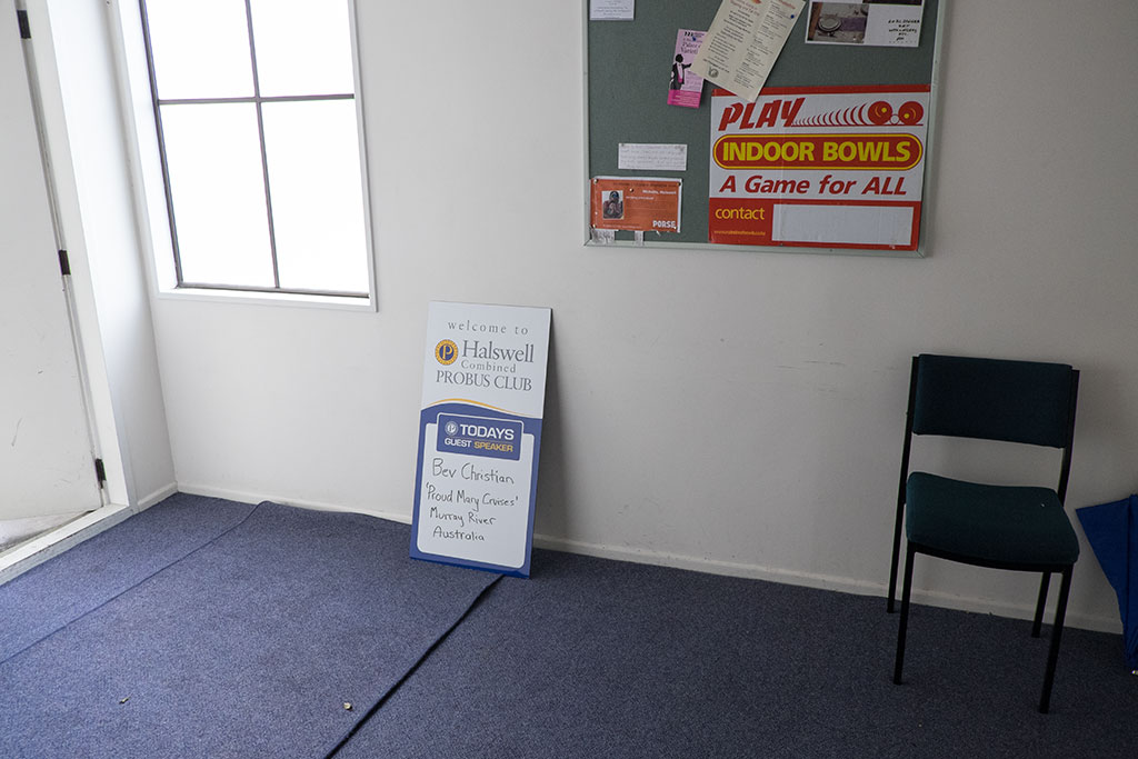 Image of Sign advertising the guest speaker Bev Christian at the Halswell Probus club meeting, Halswell Community Hall, 450 Halswell Road. 04-06-15 11.00 a.m.