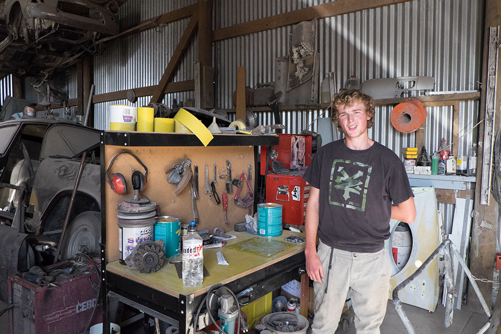 Image of Shaun in the work shop of his father's panel beating business, Rust Repairs, 373 Wigram Road. 15-04-2015 12.27 p.m.