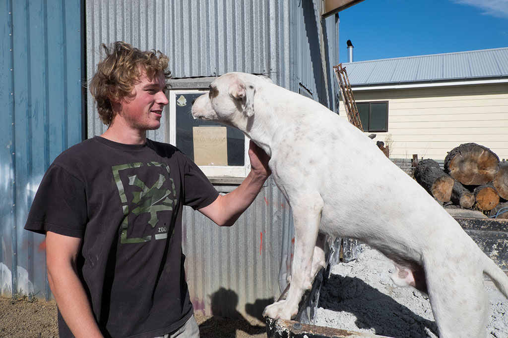 Image of Shaun and his family dog Axel, taking a break from work at Rust Repairs, 373 Wigram Road. 15-04-15 12.30 p.m.