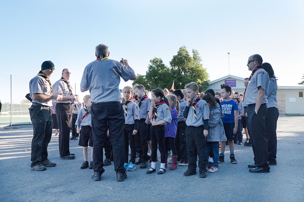 Image of Halswell Scout group assembles for Anzac Day parade, 307 Halswell Road. 25-04-2015 8.40 a.m.
