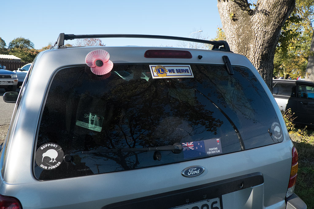 Image of Patriotic stickers on a car parked at the Anzac Day Parade, 297 Halswell Road. 25-04-15 9.30 a.m.
