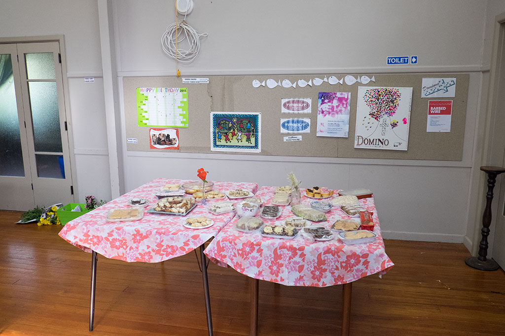 Image of Tables of afternoon tea, Halswell Garden Club annual meeting, St Mary's Anglican Church. 12-05-2015 1.18 p.m.