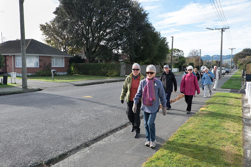Image of The Halswell Walking Club continue their journey up Checketts Avenue. 27 Checketts Avenue. 18-05-1 10.15 a.m.