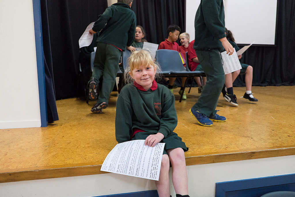 Image of Jessica, a year 4 student at Oaklands Primary School, prepares to present at the school assembly. 25-05-15 1.52 p.m.