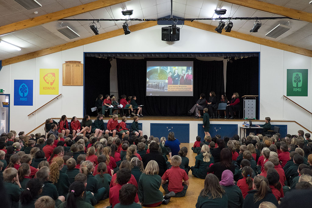 Image of Students at Oaklands Primary School watch a video on healthy eating at the school assembly. 25-05-15 2.38 p.m.