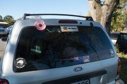 Thumbnail Image of Patriotic stickers on a car parked at the Anzac Day Parade