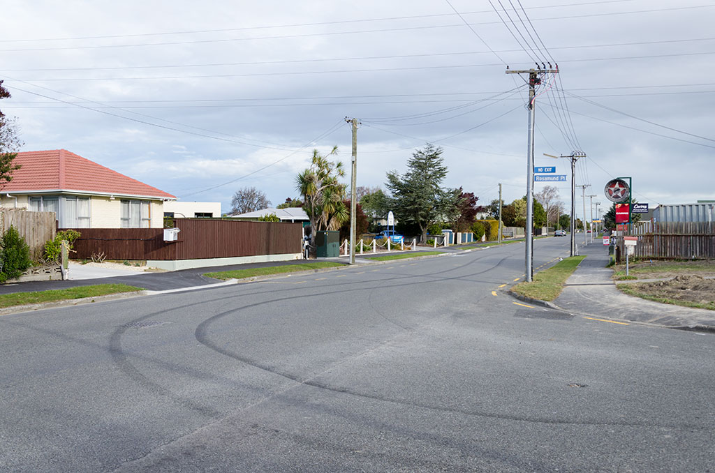 Image of Tire marks left on the road, corner of Ensign Street and Rosamund Place looking south west. 27-07-2015 4:33 p.m.