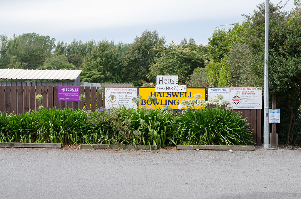Image of Signs on the outside west fence of the Bowls club, Halswell Domain. 25-03-2015 1:44 p.m.