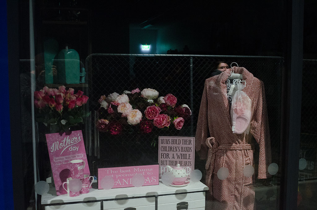 Image of Mother's Day window display, Halswell Shops. 17-04-2015 8:40 p.m.