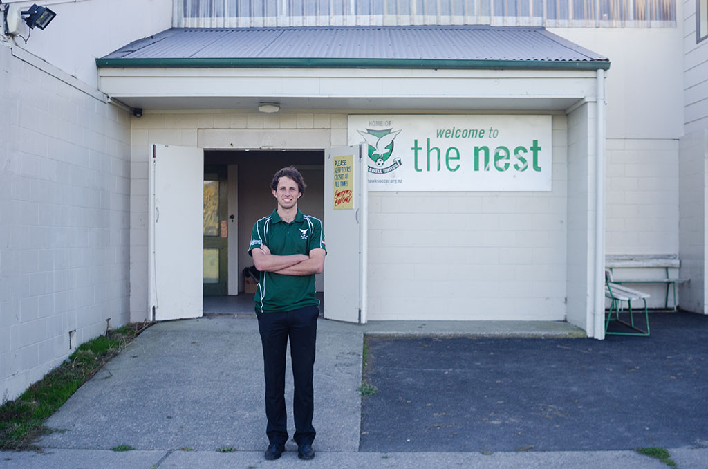 Image of Halswell hawks player outside the clubrooms. The Nest, Halswell Domain. 18-04-2015 5:31 p.m.