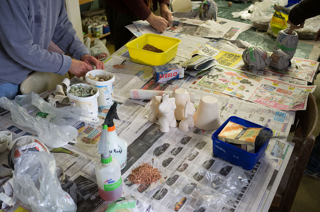 Image of Members prepare their works for raku firing, Halswell Pottery Group, 9 Candys Road. 15-08-2015 10:48 a.m.