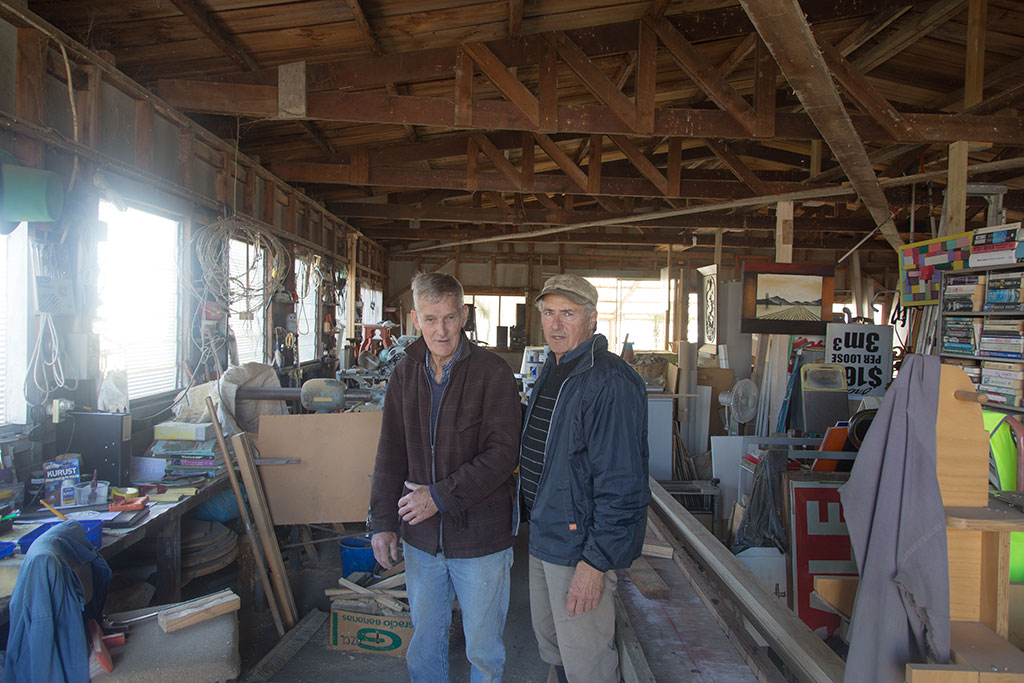 Image of Friends, Bernard C and Bernard D in their workshop making trestles. 20/03/2015 11:18