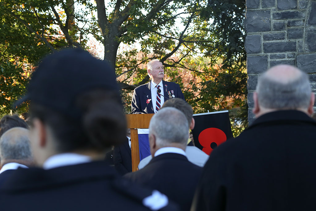 Image of Ron, speaking at Halswell ANZAC Day memorial service. 25/04/2015 9:08