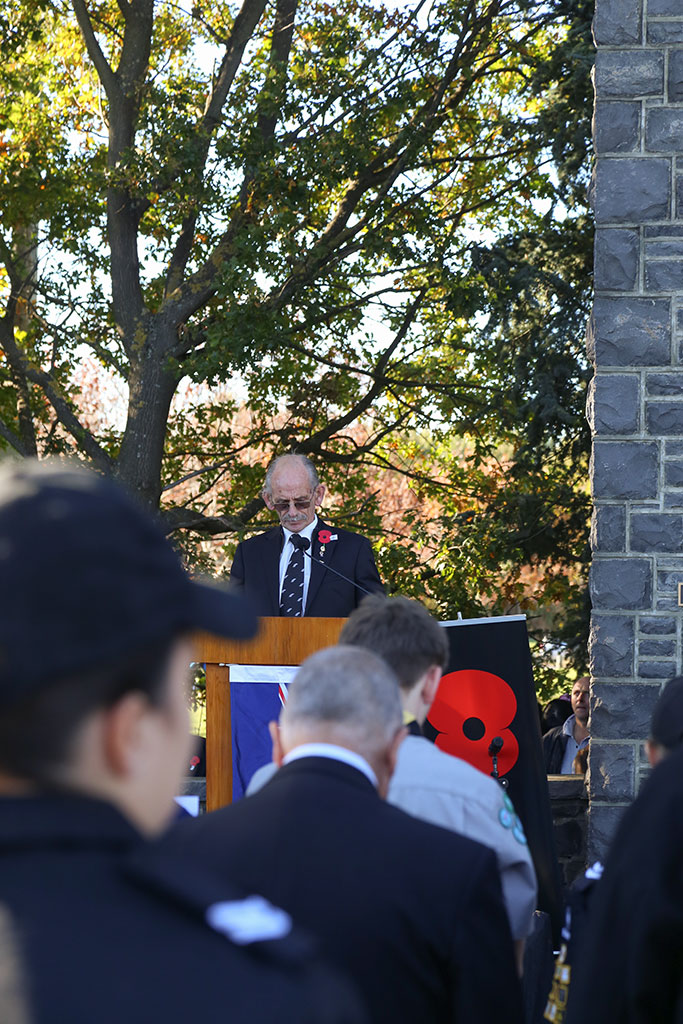 Image of Speaker at Halswell ANZAC Day memorial service. 25/04/2015 9:48
