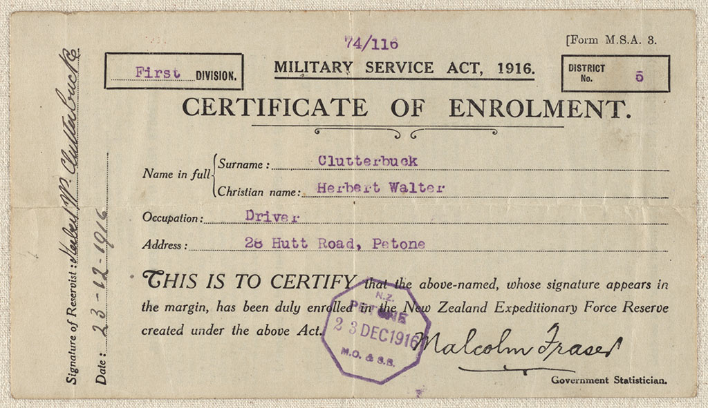 Image of Military Service Act, 1916. Certificate of enrolment 23-12-1916